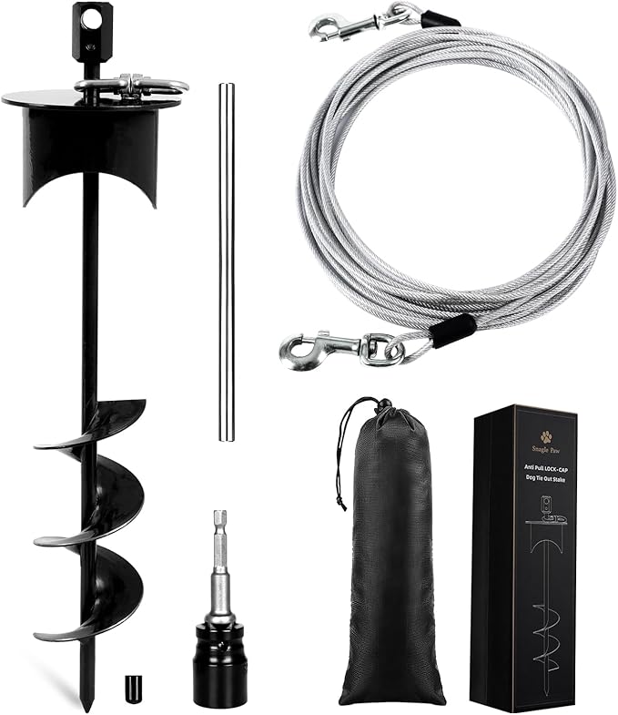 Snagle Paw Dog Tie Out Cable & Stake with Lock Cap - 30ft Heavy Duty Rust Proof Cable, 360° Swivel Dog Yard Leash & Stake Up to 220 lbs - Ground Anchor for Yard, Beach, Camping & Outdoor Use