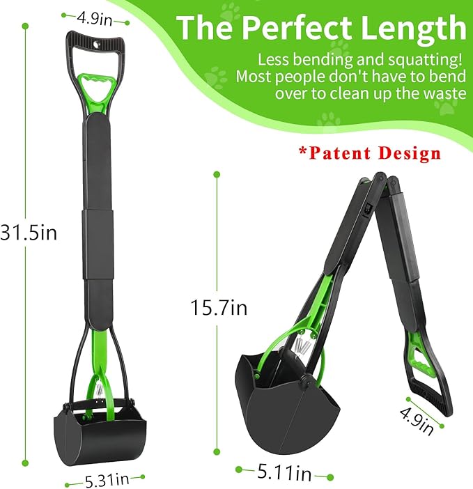 UPSKY 32'' Pooper Scooper for Large Small Dogs, Long Handle Dog Poop Scooper with Waste Bags, Portable Dog Poop Pick Up Tool, Folding Poop Scoop for Yard, Grass, Dirt, Gravel Green