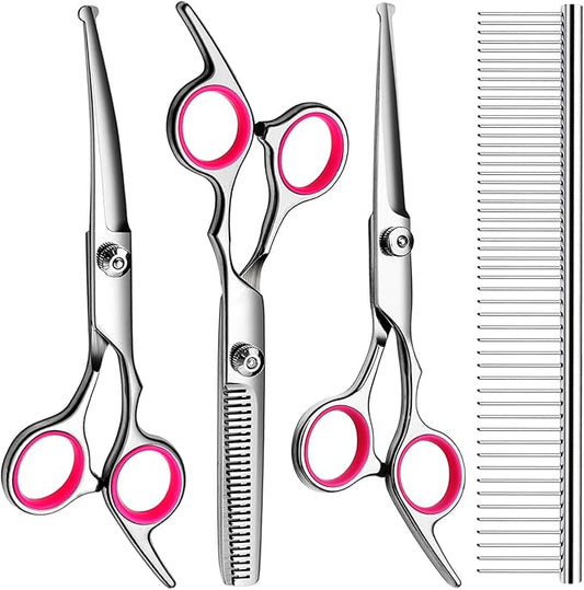 Professional Dog Grooming Scissors Kit, Titanium Coated Dog Scissors for Grooming, Grooming Shears Kit for Dogs Cat At Home (Pink 5 in 1)