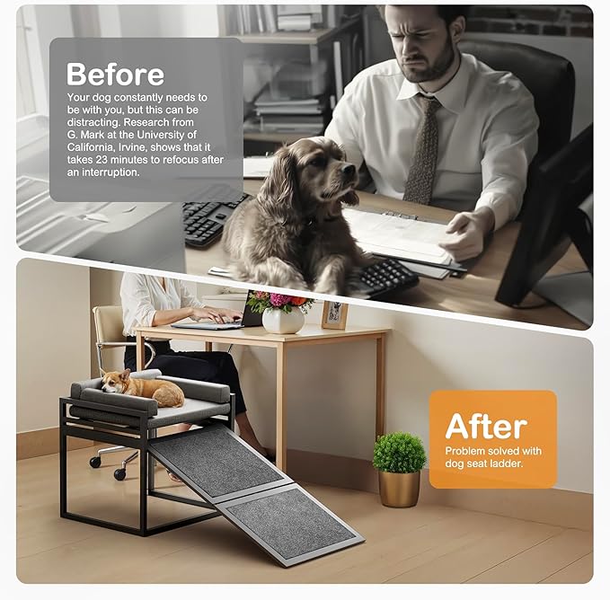 Pet Stairs Ramp Dog with Detachable 20% Wider Seat Mate,Companion Chair Platform for Small Doggie and Cat,Dachshund Puppy Non-Slip Ladder Perch,Doggy Step for High Bed Window Sofa Office Grey