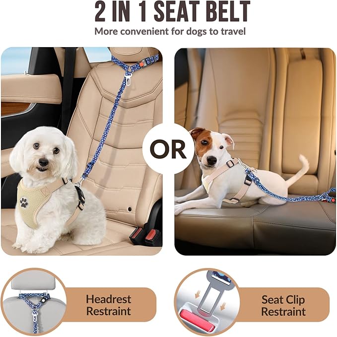 SlowTon Dog Seat Belt for Car, 2 Pack Dog Car Harness Seatbelt Adjustable with Elastic Bungee Buffer, 2 in 1 Pet Car Leash Headrest Restraint Dog Reflective Safety Tether (S, Blue, Headrest+Clip)