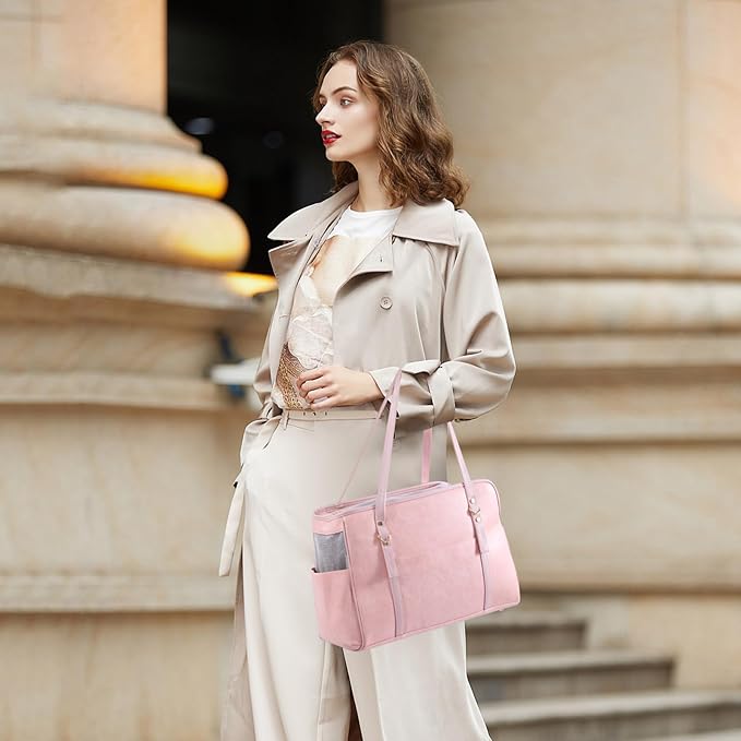 Dog Carrier Purse, Fashion Leather Pet Carrier with Pockets, Airline Approved Soft Sided Dog Carrying Bag for Puppy Cat Dog Pink