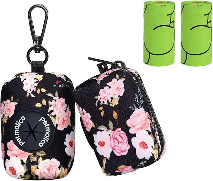 Petmolico Dog Poop Bag Holder Leash Attachment, Waste Bag Dispenser Zippered Pouch, Fits Any Leash, Includes Free Roll of Bags, 2 Packs - Pink Rose