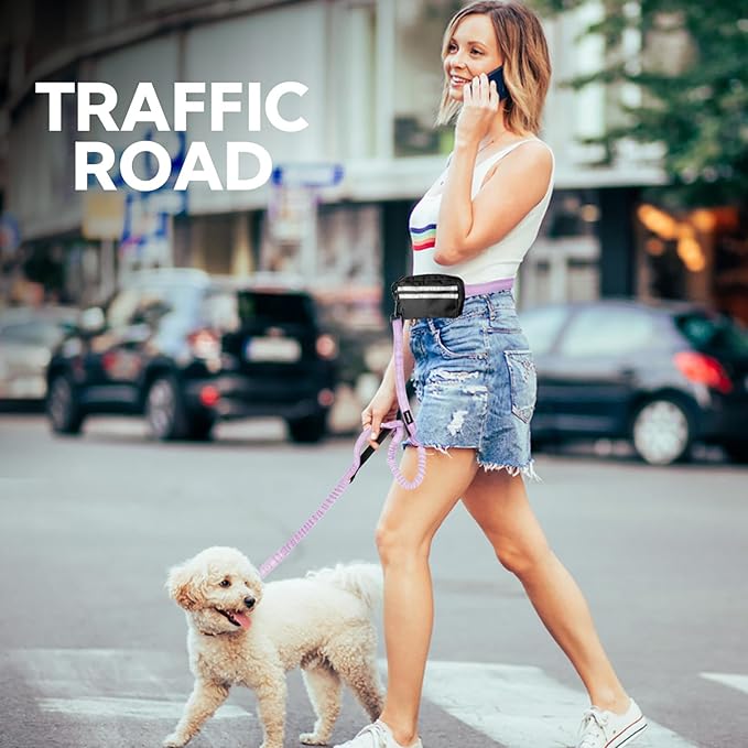 Hands Free Dog Leash, Adjustable Waist Belt with Double Padded Handles,Retractable Bungee, Waist Leash for Dog Walking,Running, No Pull,Purple