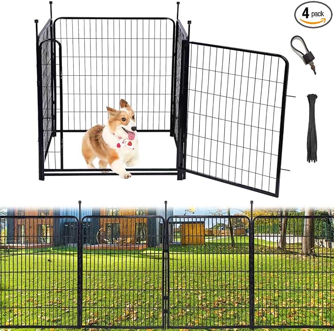 Tall Garden Fence Animal Barrier,Wide Gate Low Threshold Fence Panels, 48in(H) 4 Panels Total 8.9 Ft(L) Flower Bed Fencing, Heavy Metal Dog Fence Outdoor for Yard