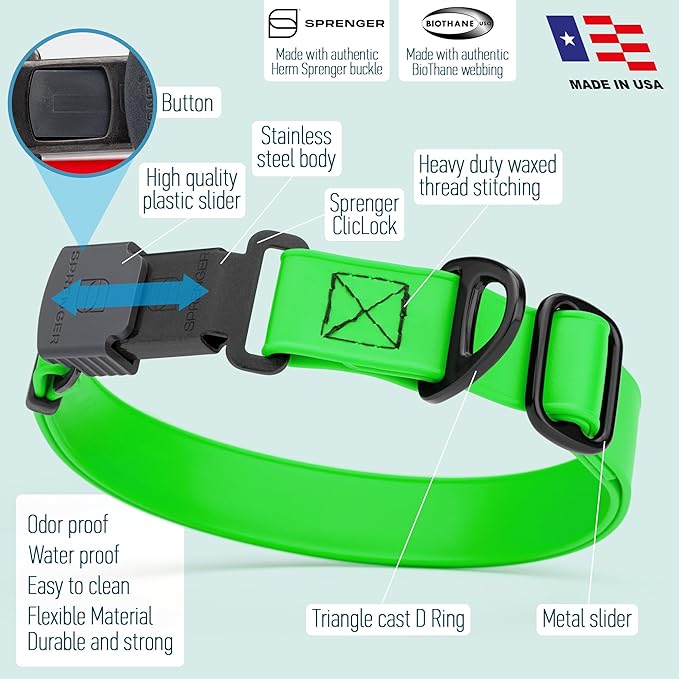 Dogline Biothane Waterproof Dog Collar with Herm Sprenger Black Stainless Steel Quick Release Buckle – Heavy Duty Tactical Durable Collar for Dogs – Comfortable and Safe Pet Collar W 1" L 15-25" Green