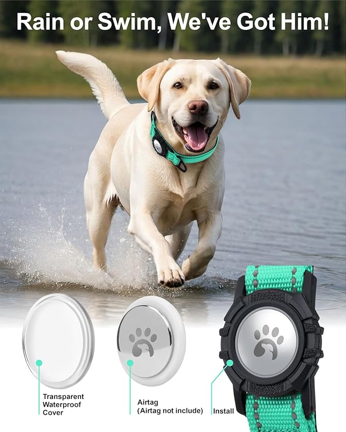 TagME Airtag Dog Collar,Waterproof Reflective Pet Collar with Airtag Holder,Soft Padded and Double D-Rings for Large Dogs,Turquoise
