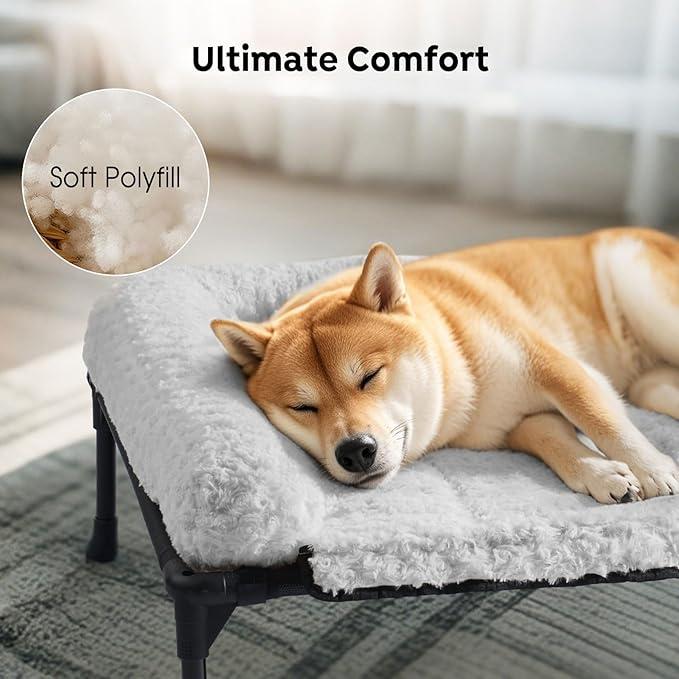 Veehoo Cooling Elevated Dog Bed Add Removable Deluxe Rose Plush Bolster Cushion Mat, 53" x 33" Washable Dog Couch Bed, Raised Pet Cot with Breathable Teslin Mesh, No-Slip Feet, Grey, CWC2439B