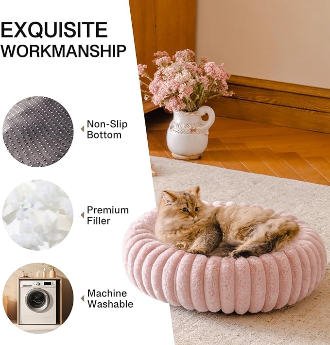 MEWOOFUN Donut Dog Beds for Small Dog, Calming Bed Round Cute Puppy Bed with Non-Slip Bottom, Fluffy Washable Pet Bed for Puppy and Kitten (Pink, M (30x30x8))