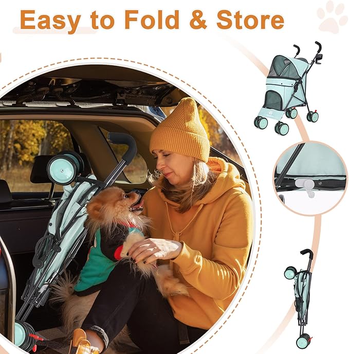 Umbrella Dog Stroller, 4 Wheels Pet Strolling, Foldable Carrier Pet Stroller for Small Dogs Cats, with Carrying Strap and Cup Holder, Dog Poop Bags & Dispenser, Up to 33 lbs, Cyan