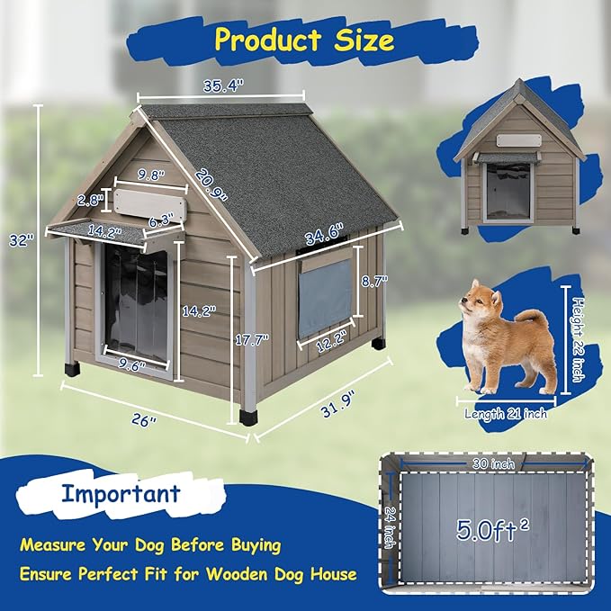 Outdoor Dog House Waterproof for Medium Small Dogs with Anti-Chewing Iron Frame, Adjustable Vent Window, Indoor & Outdoor Doghouse Kennel Puppy Shelter, Easy Clean and Assemble (26" L*31.9" W*32" H)