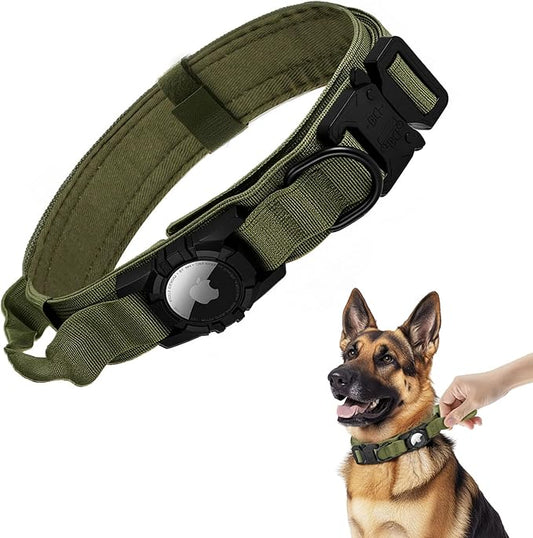 Tactical AirTag Dog Collar - Heavy Duty, Adjustable GPS Collar Compatible with Apple AirTag, with Holder & Control Handle for Medium/Large Dogs [ Green, L ]