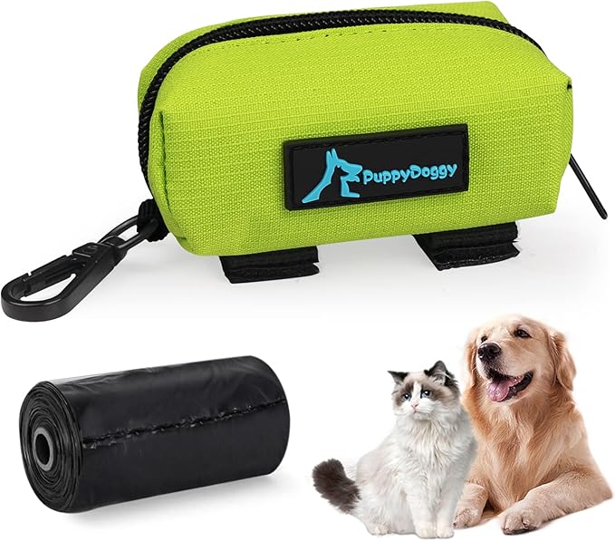 PuppyDoggy 1 Pack Waste Bag Holder for Dogs and Cats - Poop Bag Dispenser Pouch With 1 Roll of Free Bags - Dog Leash Accessory for Bicycle (Green)