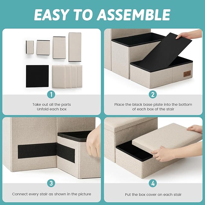 Dog Stairs with Storage, 4-Step Wider Sturdy Dog Steps for Small/Medium/Large Dogs and Older Cats, Folding Doggie Ramp for Bed/Couch/Car Hold Up to 180 lbs (22" H, Beige)