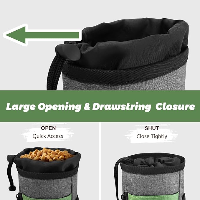 Upgraded large-sized Dog Treat Pouch with waist clip - Fashionable Green&Grey Design - Large Capacity Dog Treat Bag for Dog Walks,Outdoor Activities, Travel and Training - Includes 1 Poop Bags