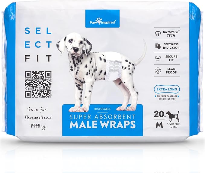 Paw Inspired Select Fit Male Dog Diapers, Disposable Male Wraps with Wetness Indicator| Belly Bands for Small, Medium, Large Dogs (Medium, 20 Count)