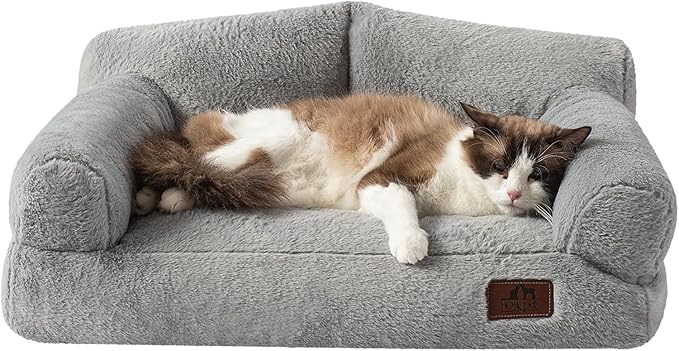 Hollypet Fluffy Plush Pet Cat Couch Soft Calming Pet Sofa Bed for Medium Small Cats and Dogs, Silver Gray