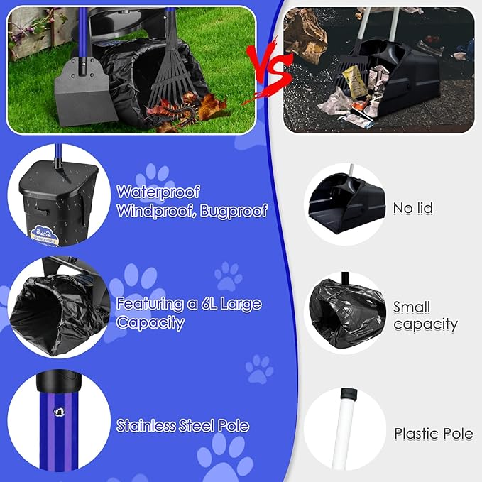 SlowTon Dog Pooper Scooper - 37.4" Long Handle Adjustable Metal Swivel Bin & Rake & Spade Kit with 20 Waste Bags, Portable Pooper Scooper for Gravel Lawn Grass, Suit for Small Medium Large Dog