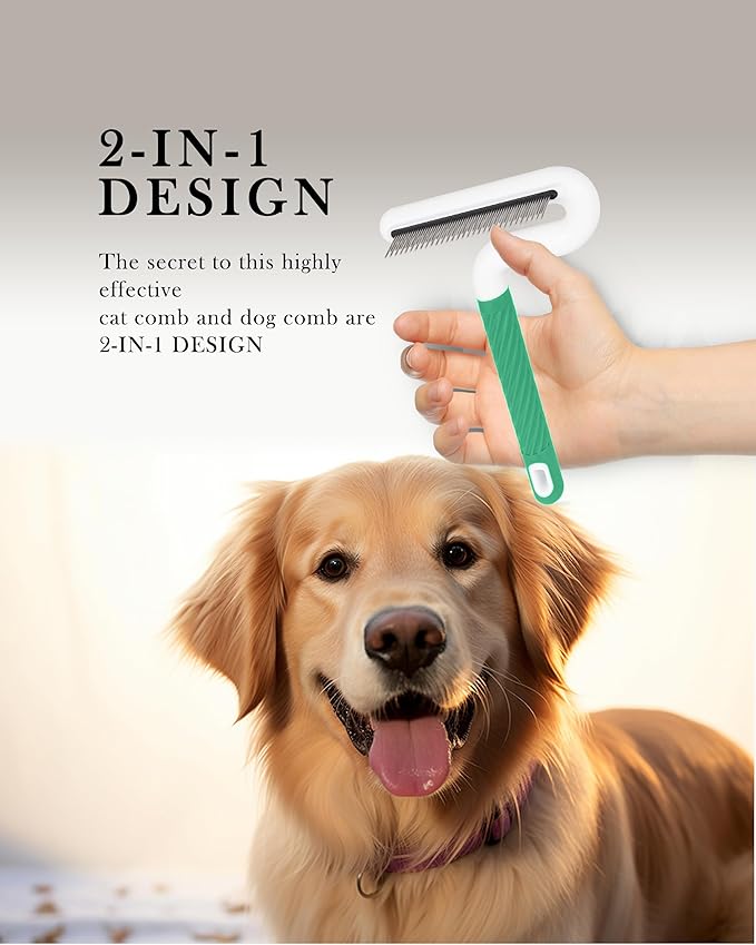 Pet Flea Comb for Dogs & Cats - Grooming Tool with Long & Short Steel Teeth, Safely Removes Tangles and Knots, Gentle Detangling Brush for Pet Hair (TG2043)(Green)