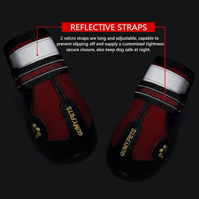 QUMY Dog Shoes for Large Dogs, Medium Dog Boots & Paw Protectors for Winter Snowy Day, Summer Hot Pavement, Waterproof in Rainy Weather, Outdoor Walking, Indoor Hardfloors Anti Slip Sole Red Size 3