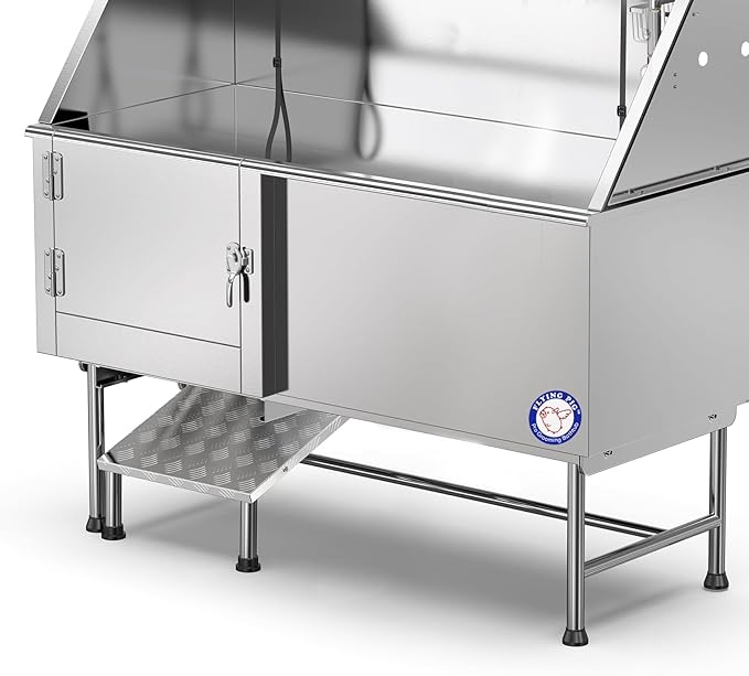 Flying Pig 62" Stainless Steel Pet Dog Grooming Bath Tub with Walk-in Ramp & Accessories (Left Door/Right Drain)