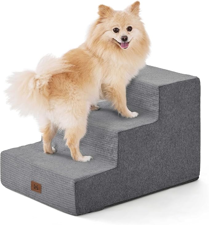 Dog Stairs for Bed, Dog Steps for Bed Couch Sofa, 35D Foam Pet Steps for Small Dogs and Cats, Extra Wide Pet Stairs with Non-Slip Bottom Grey, 3 Steps