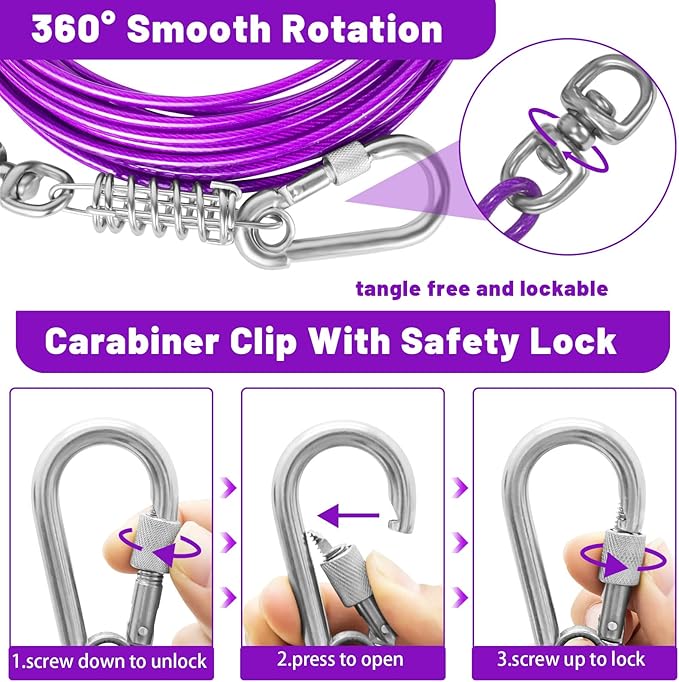 Dog Tie Out Cable - 10/15/20/25/30FT Heavy Duty for Large Dogs Up to 250LBS - Rosy Pink/Blue/Purple/Silver/Red/Green/Yellow