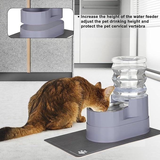 Sfozstra Automatic Gravity Water Dispenser: 5L Gray Stainless Steel Pet Bowl Waterer with Waterproof Pad - Raised Edge Water Feeder for Cats & Small Dogs Indoor/Outdoor