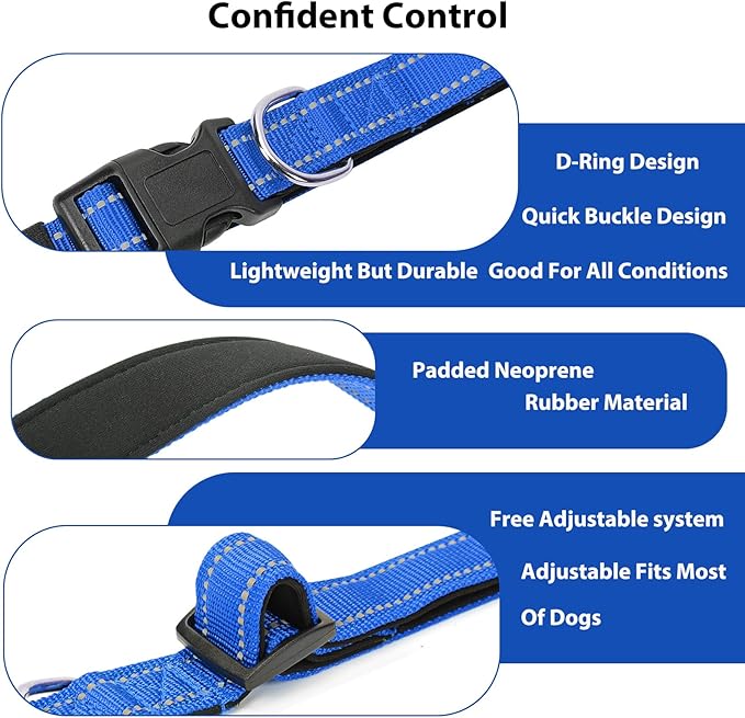 Reflective Dog Collar Padded with Soft Neoprene Breathable Quick Release Basic Dog Collars for Medium Large Dogs Blue Boy Girl