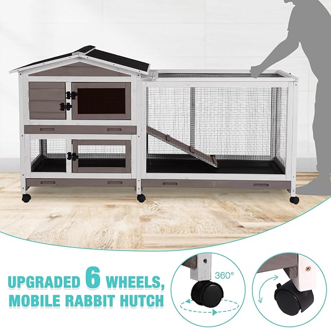 62" Rabbit Hutch with Chew-Proof Ramp & Waterproof Roof - Indoor/Outdoor Bunny Cage, 2-Story Design, 6 Lockable Caster Wheels & Dual Pull-Out Trays (Brown)