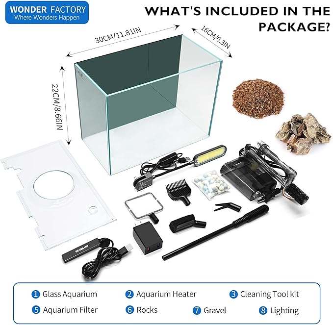 Small Aquarium Starter Kit, 2.6 Gallon Glass Betta Fish Tank with Heater Self Cleaning System Efficiency Filter Bright Light Rocks Gravel Cleaning Tool Set, Leak-Proof Ultra-Clear Rimless Desktop Tank