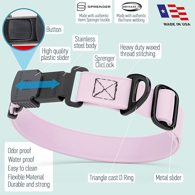 Dogline Biothane Waterproof Dog Collar with Herm Sprenger Stainless Steel Quick Release Buckle – Heavy Duty Tactical Durable Collar for Dogs – Comfortable and Safe Pet Collar, W 3/4" L 12-19", Pastel