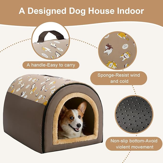 Jiupety 2 in 1 Dog House Indoor, Comfy Cave Bed Covered Dog Bed, Portable House for Medium and Large Dogs, 2XL(35"×27"×26"), Up to 70 Lb, Brown