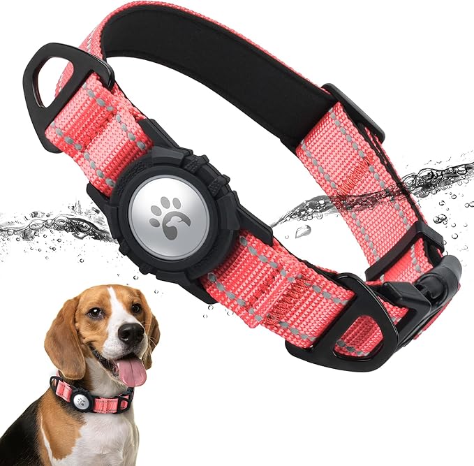 TagME Airtag Dog Collar,Waterproof Reflective Pet Collar with Airtag Holder,Soft Padded and Double D-Rings for Medium Dogs,Baby Pink