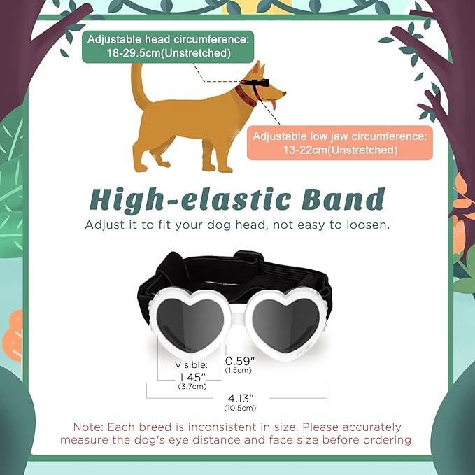 Small Dog Sunglasses UV Protection Goggles Eye Wear Protection with Adjustable Strap Doggy Heart Shape Anti-Fog Sunglasses for Pet Dogs Sun Glasses Doggie Windproof Glasses, White