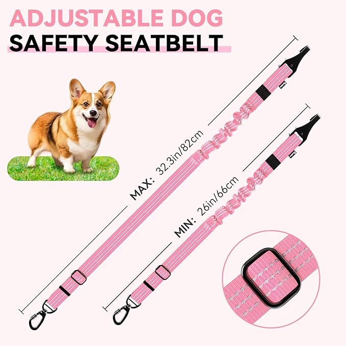 Pawaboo Dog Seatbelt for Car, 3-in-1 Dog Seat Belt Bungee, Shockproof Dogs Tether for Car with Buckle & Hook Latch, Adjustable Reflective Dogs Cars Harness Leash with 360° Lockable Buckle, Pink