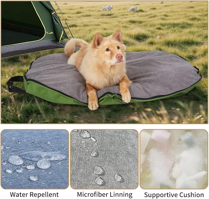 Portable Waterproof Dog Mat for Camping, Patio & Travel - Foldable Outdoor Dog Bed with Teflon Shell & Removable Plush Pad - Easy Clean, Durable - L (Khaki)