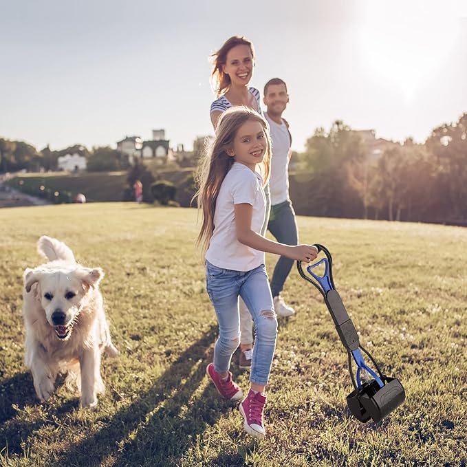 PPOGOO Non-Breakable 2PCS Pooper Scoopers for Large Medium Small Dogs with 24.3inch Long Handle High Strength Material Durable Spring, Easy Grass and Gravel Pick Up Blue and Orange