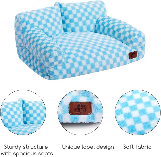 Hollypet Fluffy Plush Dog Cat Pet Couch Soft Calming Sofa Bed for Medium Small Cats and Dogs, Blue and White