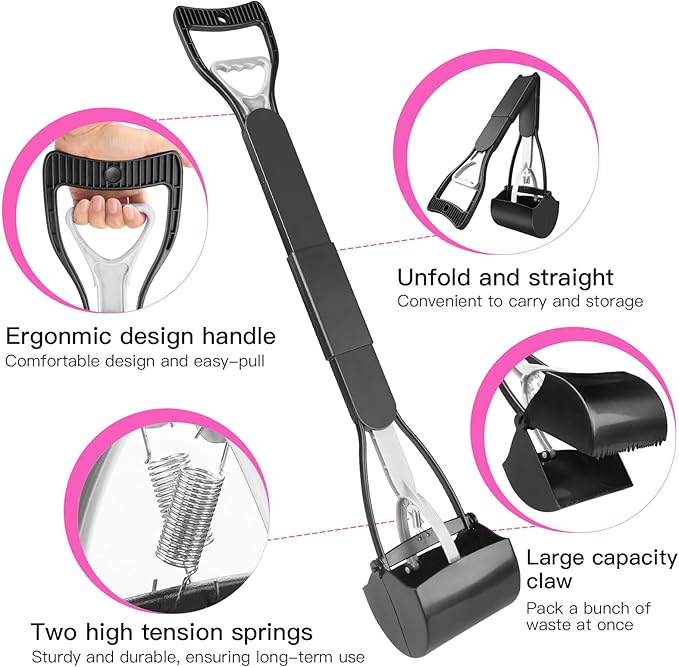 UPSKY 32'' Pooper Scooper for Large Small Dogs, Long Handle Dog Poop Scooper with Waste Bags, Portable Dog Poop Pick Up Tool, Folding Poop Scoop for Yard, Grass, Dirt, Gravel