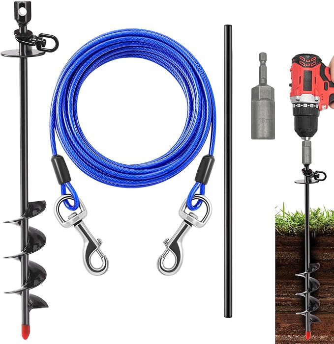 Heavy Duty Dog Tie Out Cable and Stake,30FT Rust Proof Dog Tether Leads for Yard,360°Swivel Spiral Dogs Stake&Chain Up to 200 lbs, Ground Anchor for Outdoor Beach Camping