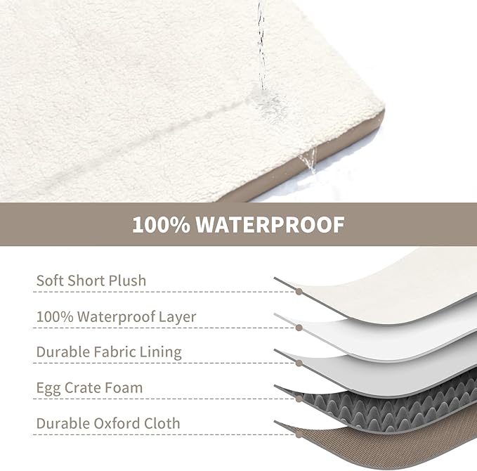 Orthopedic Dog Bed for Extra Large Dogs, XL Waterproof Pet Bed for Large Sized Dog, Egg Crate Foam Pet Bed with Removable Washable Oxford Cooling Cover, Khaki White