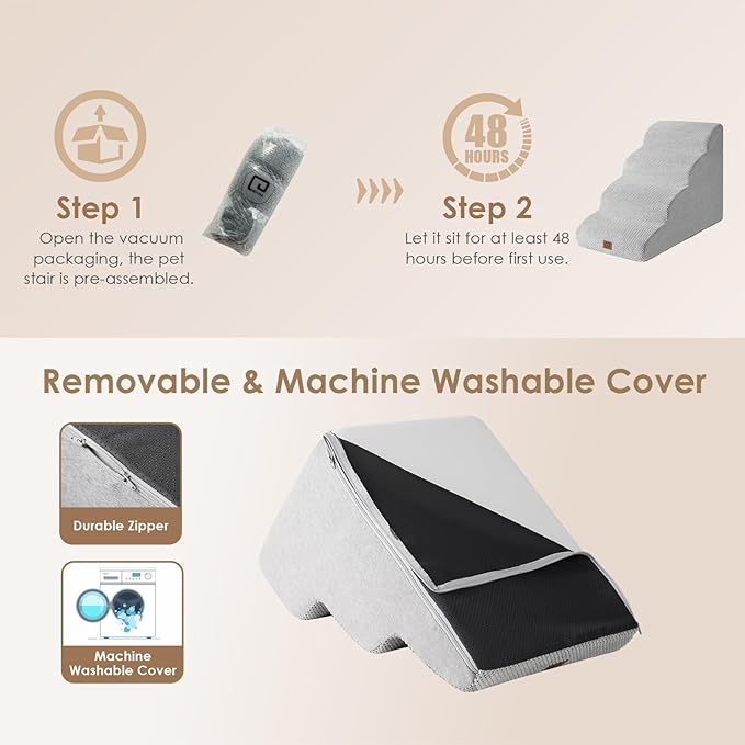 EHEYCIGA Curved Dog Stairs Ramp for High Beds 19.7" H, 4-Step Dog Steps for Small Dogs and Cats, Pet Stairs for High Bed Climbing, Non-Slip Balanced Pet Step Indoor, Light Grey