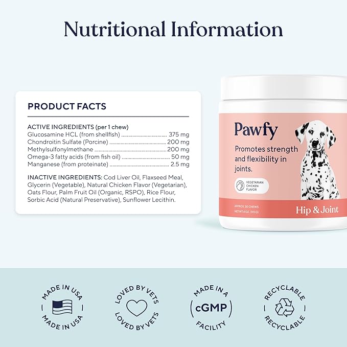 Pawfy Hip & Joint Supplement for Dogs with MSM & Vitamins | Glucosamine Chondroitin for Small, Medium & Large Breed - Supports Mobility & Bones | Glucosamine for Dogs with Omega 3-30 Chews