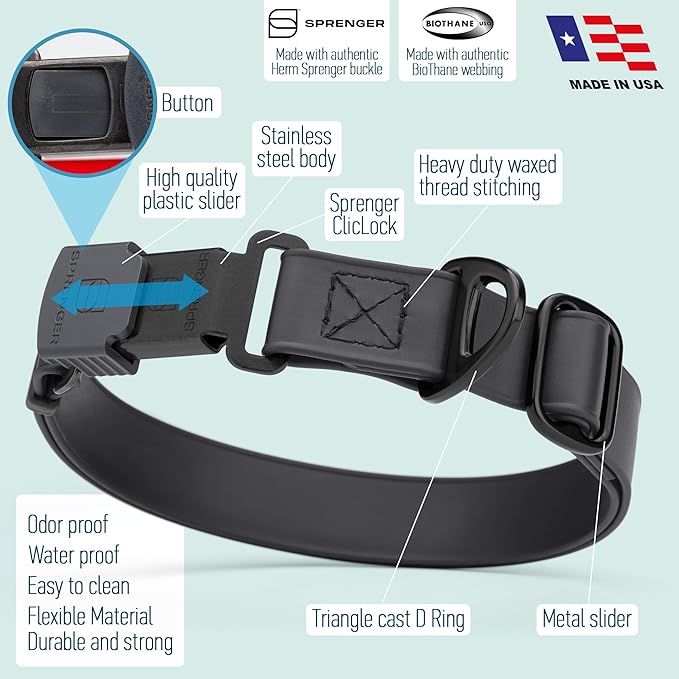 Dogline Biothane Waterproof Dog Collar with Herm Sprenger Stainless Steel Quick Release Buckle – Heavy Duty Tactical Durable Collar for Dogs – Comfortable and Safe Pet Collar, W 3/4" L 12-19", Black