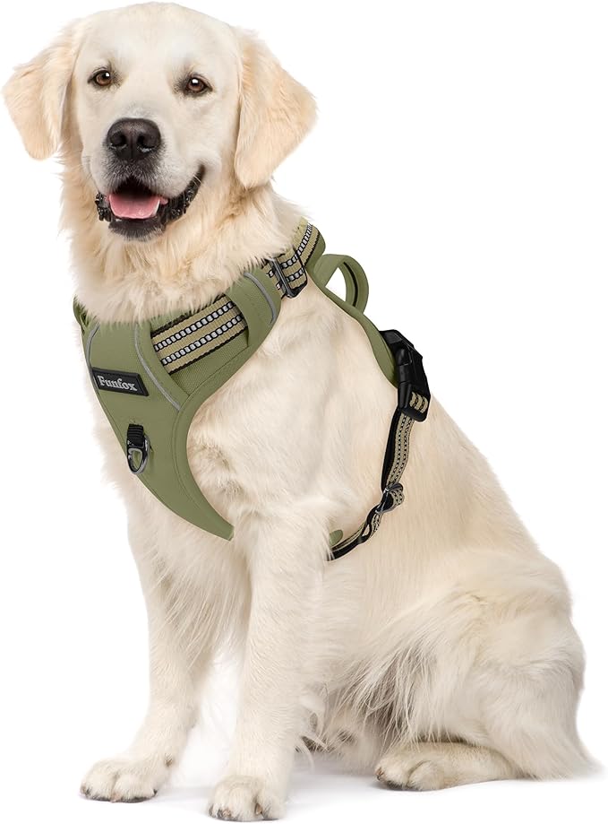 Funfox Dog Harness No Pull, Adjustable Pet Vest Harness, Super Soft Material with Vertical Handle Easy Control, Reflective Night Walking, 2 Leash Clips for Large Dogs, Army Green, L