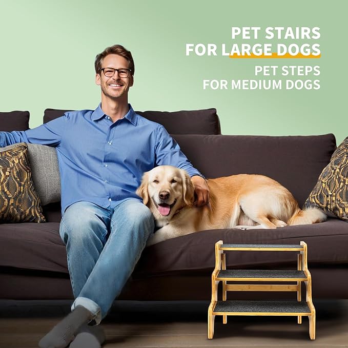 Dog Stairs for Small Dogs,3-Step Bamboo Wooden Dog/Pet/Cat Steps Ramp for Couch Sofa,Bed and Car, Can Support Weighing Up to 160 LB,