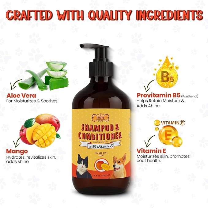 POM Pets 2-in-1 Organic Dog Shampoo & Conditioner – Itchy Skin Relief, Dog Deshedding, Detangles Fur, Cat Shampoo, Paw Cleaner for Dogs, Natural Coat Defense Formula