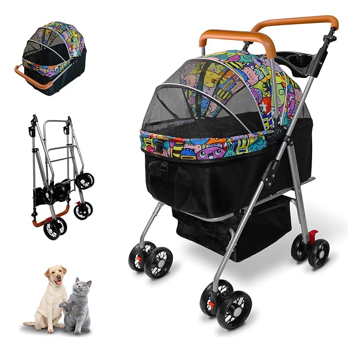 Pet Stroller with Storage Basket and Cup Holder, Folding Dog Jogger, Foldable Cat Stroller, 3 in 1 Puppy Kitten Cart, Pet Jogger for Medium Dog Cat (Magic Black)