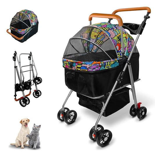 Pet Stroller with Storage Basket and Cup Holder, Folding Dog Jogger, Foldable Cat Stroller, 3 in 1 Puppy Kitten Cart, Pet Jogger for Medium Dog Cat (Magic Black)